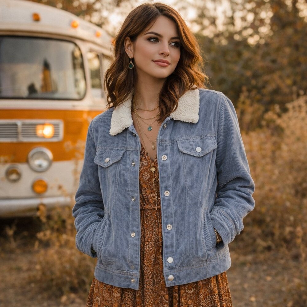 Shein Corduroy Cropped Trucker Jacket S Blue Snap Down Faux Pocket Sherpa Collar